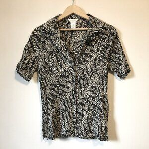 Vintage Outline 90s Crepe Botanical Silhouette Button Down Shirt S